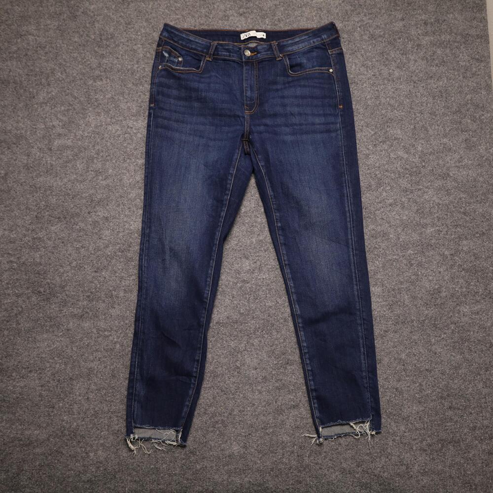 Zara Jeans Womens 12 Blue Dark Wash Mid Rise Skinny Raw Hem Distressed Denim